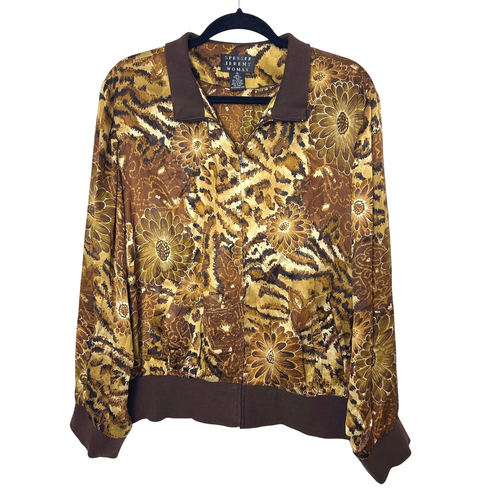 Spenser Jeremy 100% Silk Jacket 1X Brown Leopard Floral Bomber Mob Wife vintage